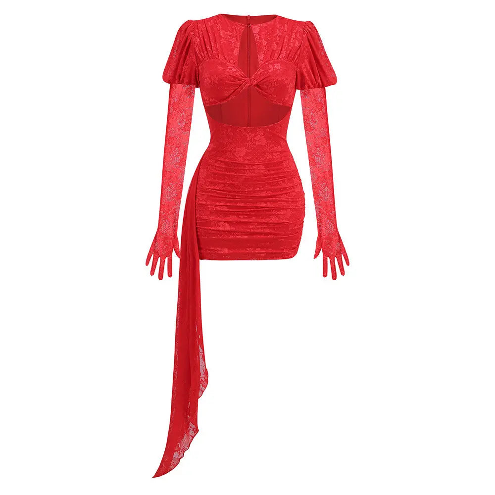 Dariel Floral Jacquard Cutout Draped Mini Dress - Red Avalabel