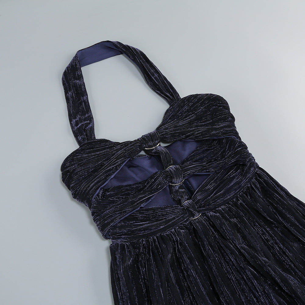 bonnie halter pleated cutout maxi dress in navy blue Avalabel