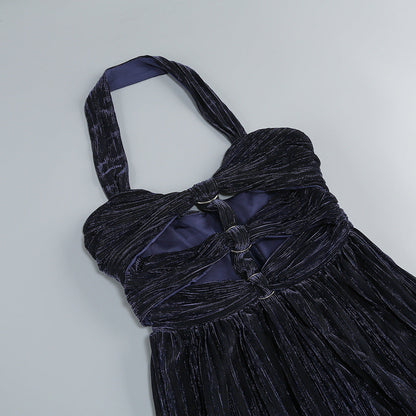 bonnie halter pleated cutout maxi dress in navy blue
