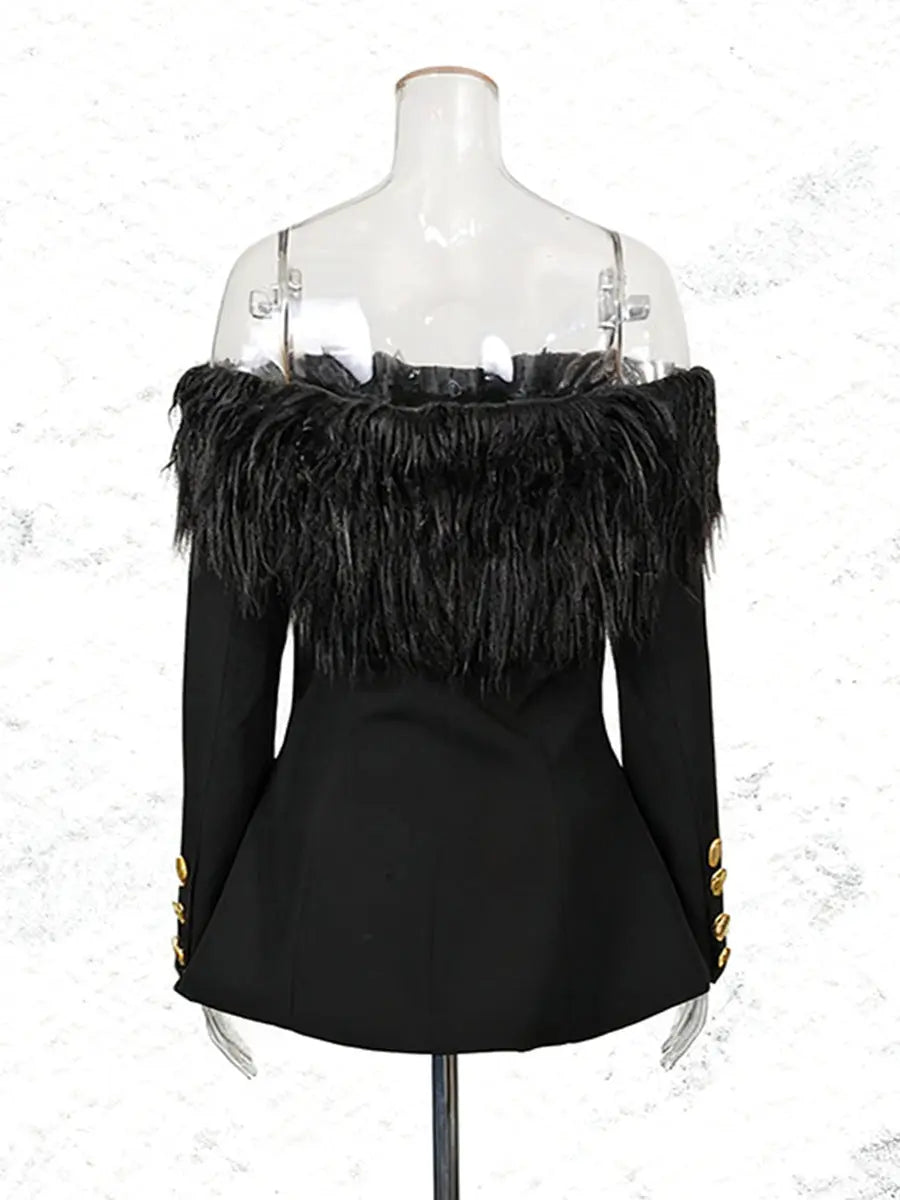 black Off-shoulder feather metal buckle decoration blazer mini dress Avalabel