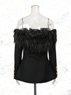 black Off-shoulder feather metal buckle decoration blazer mini dress Avalabel