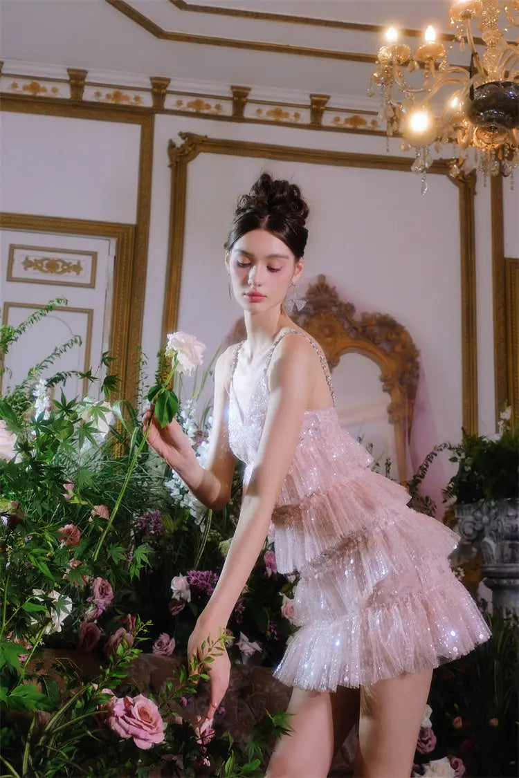 Pink Sleeveless Sequin layer ruffle short Dinner Dress Avalabel