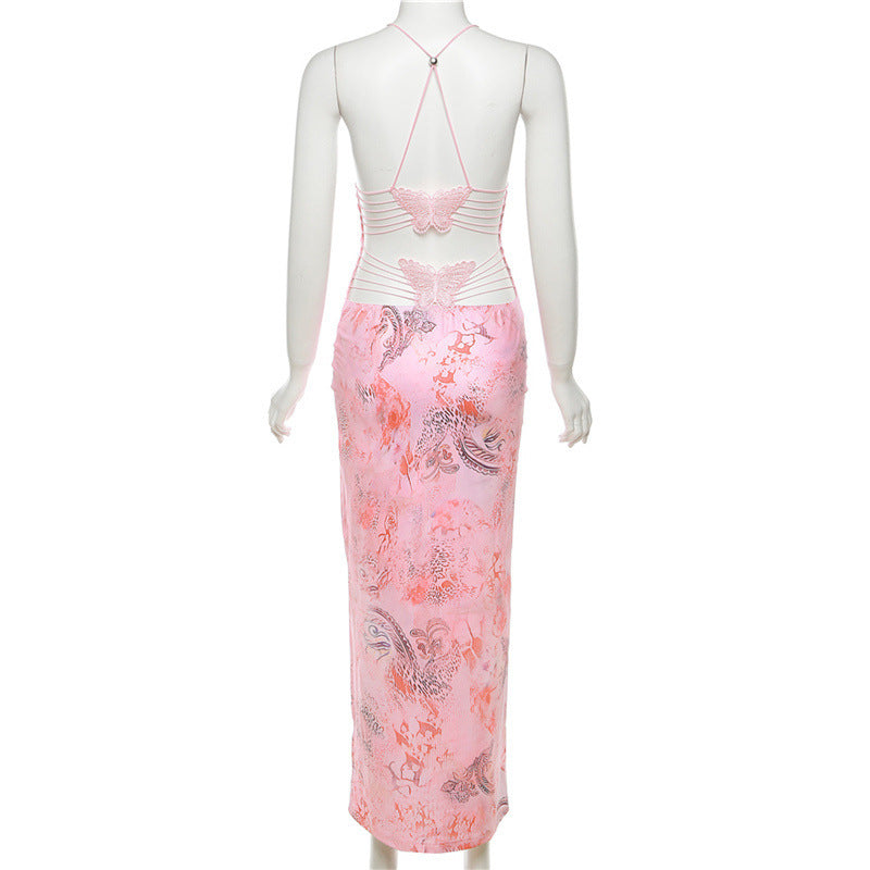 Printed Strappy Butterfly Backless Plunge Sheath Slip Maxi Dress Avalabel