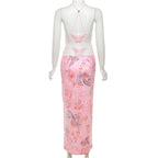 Printed Strappy Butterfly Backless Plunge Sheath Slip Maxi Dress Avalabel