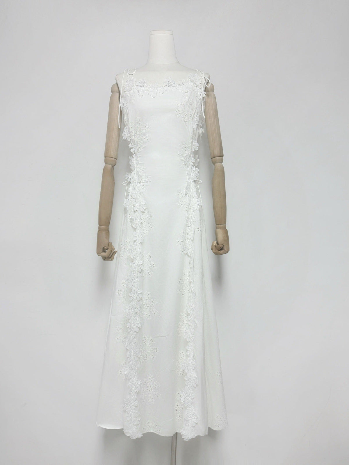 Lace Trim Embroidery Hollow Midi Dress in White Avalabel