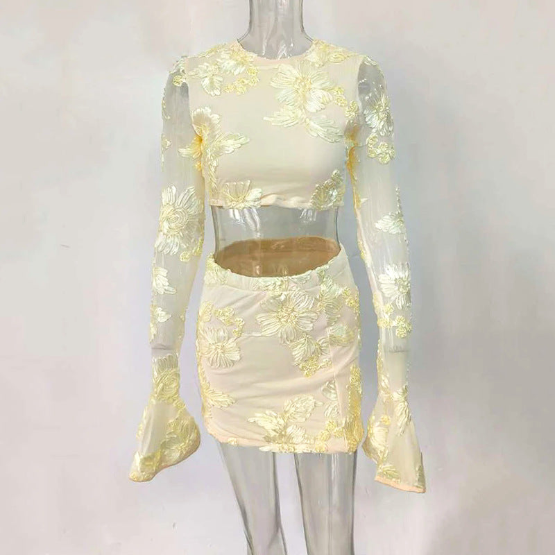 Nefertiti Apricot Embroidered Floral Backless T-shirt and Skirt Set Avalabel