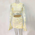 Nefertiti Apricot Embroidered Floral Backless T-shirt and Skirt Set Avalabel