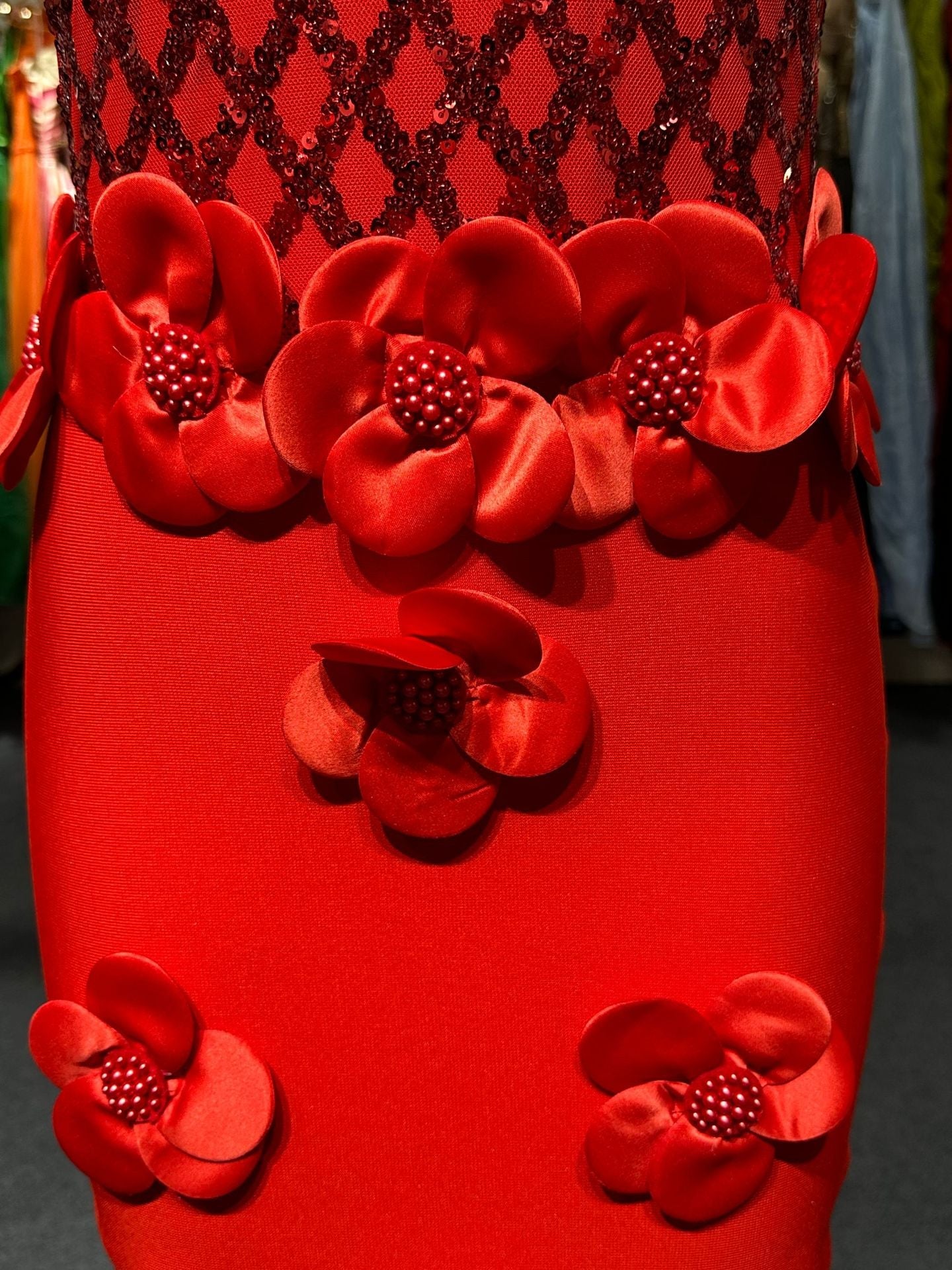 Phoenix 3D Flower Sequin Halter Bandage Maxi Dress in Red