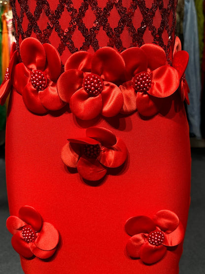 Phoenix 3D Flower Sequin Halter Bandage Maxi Dress in Red