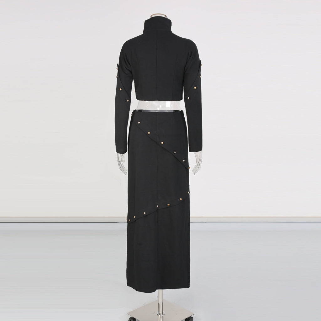 Button-embellished cotton-jersey top maxi skirt suit in black Avalabel