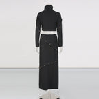 Button-embellished cotton-jersey top maxi skirt suit in black Avalabel