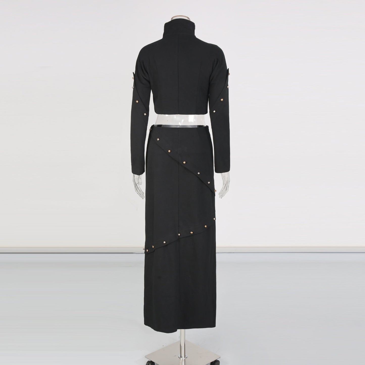 Button-embellished cotton-jersey top maxi skirt suit in black