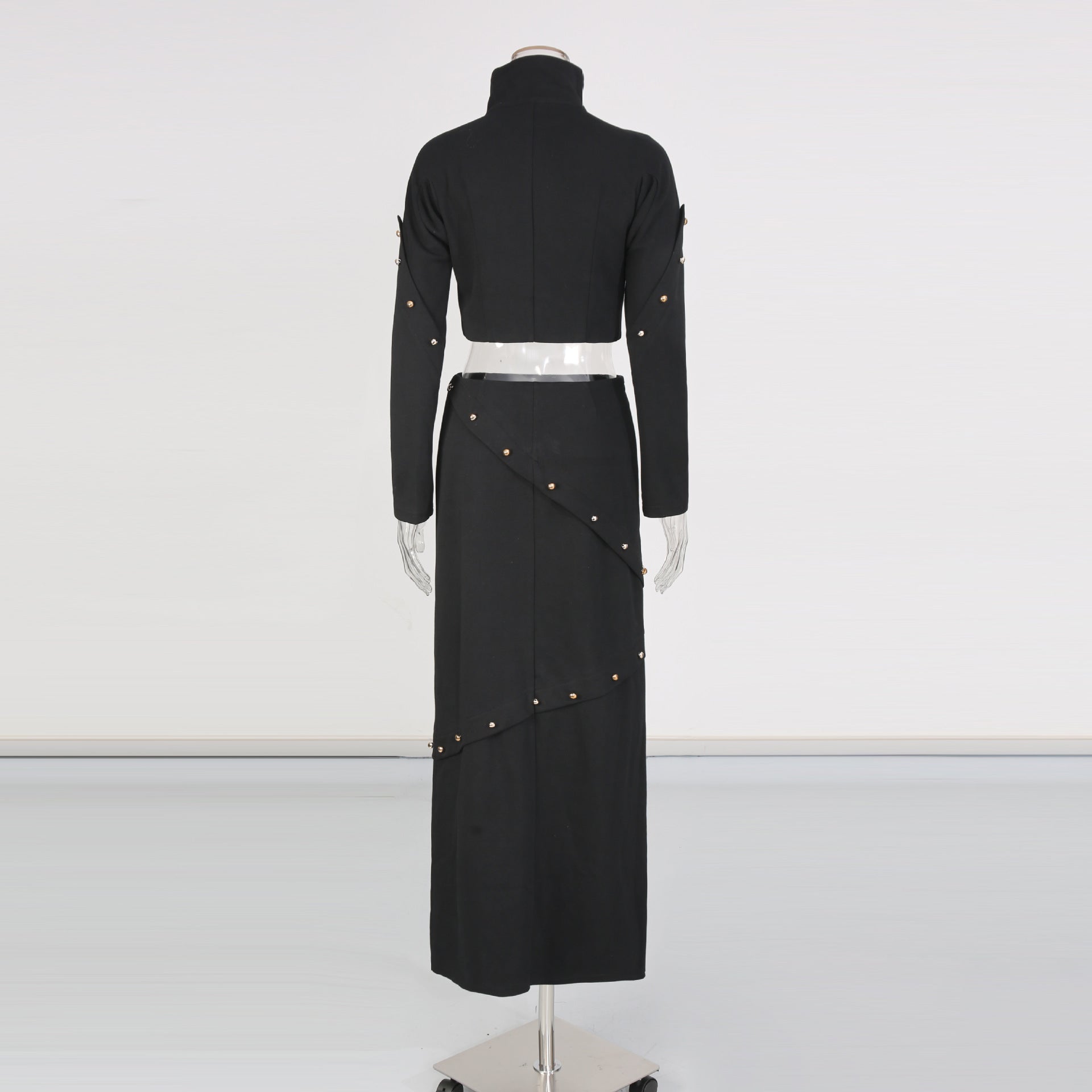 Button-embellished cotton-jersey top maxi skirt suit in black Avalabel