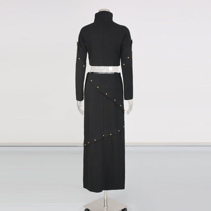Button-embellished cotton-jersey top maxi skirt suit in black