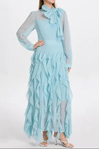 bonnie blue Bow Neck Tiered Ruffle Maxi Dress Avalabel