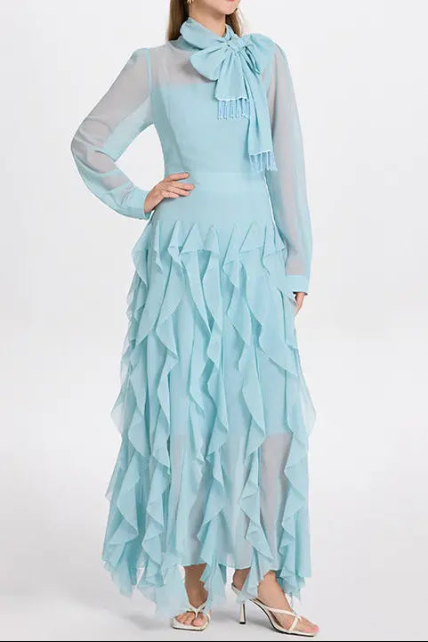 bonnie blue Bow Neck Tiered Ruffle Maxi Dress Avalabel