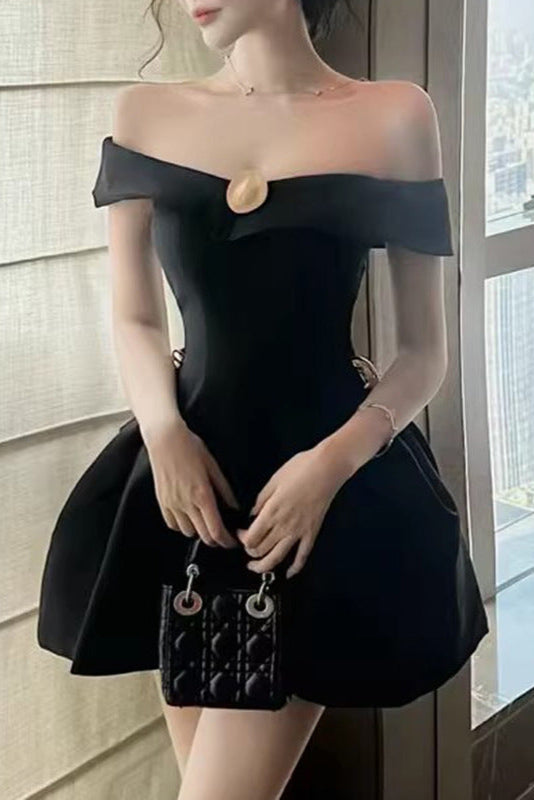 Metal Detail A-Line Off-Shoulder Mini Dress in Black Soraya