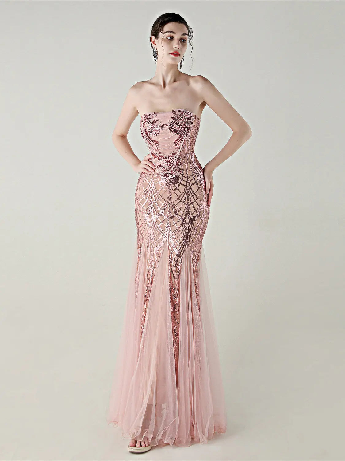 sequin strapless tulle maxi dress Avalabel