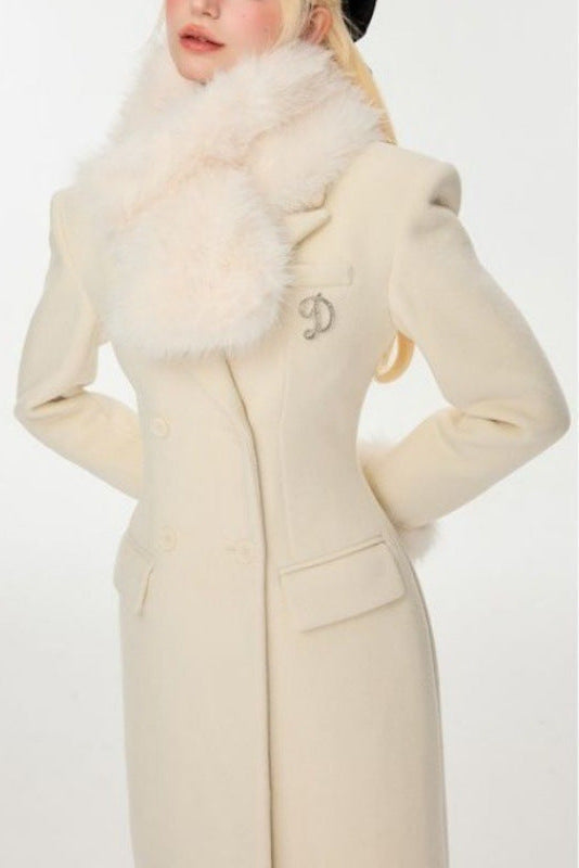 Ivory Slim faux fur mid-length woolen coat Avalabel