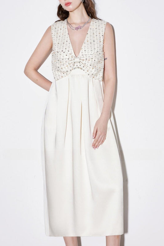 Alva V-Neck Rhinestone Embroidery Satin Maxi Dress in White