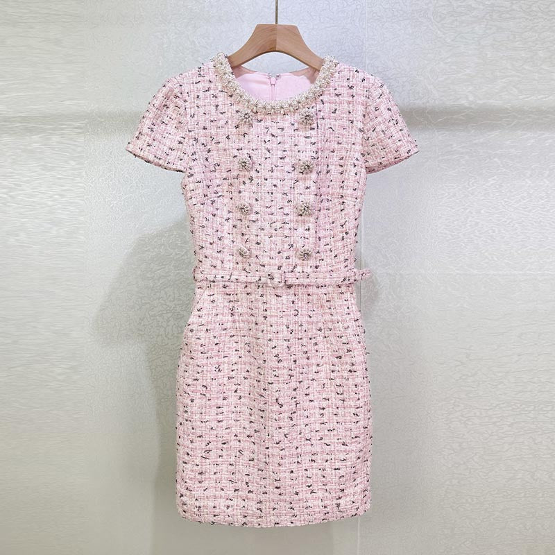 Embellished Bouclé Mini Dress in Pink Avalabel