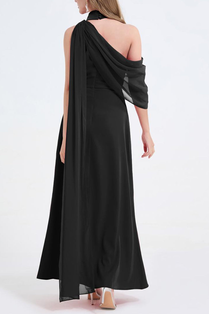 Tammy Tailored One-Shoulder Detachable Collar Maxi Dress in Black Avalabel