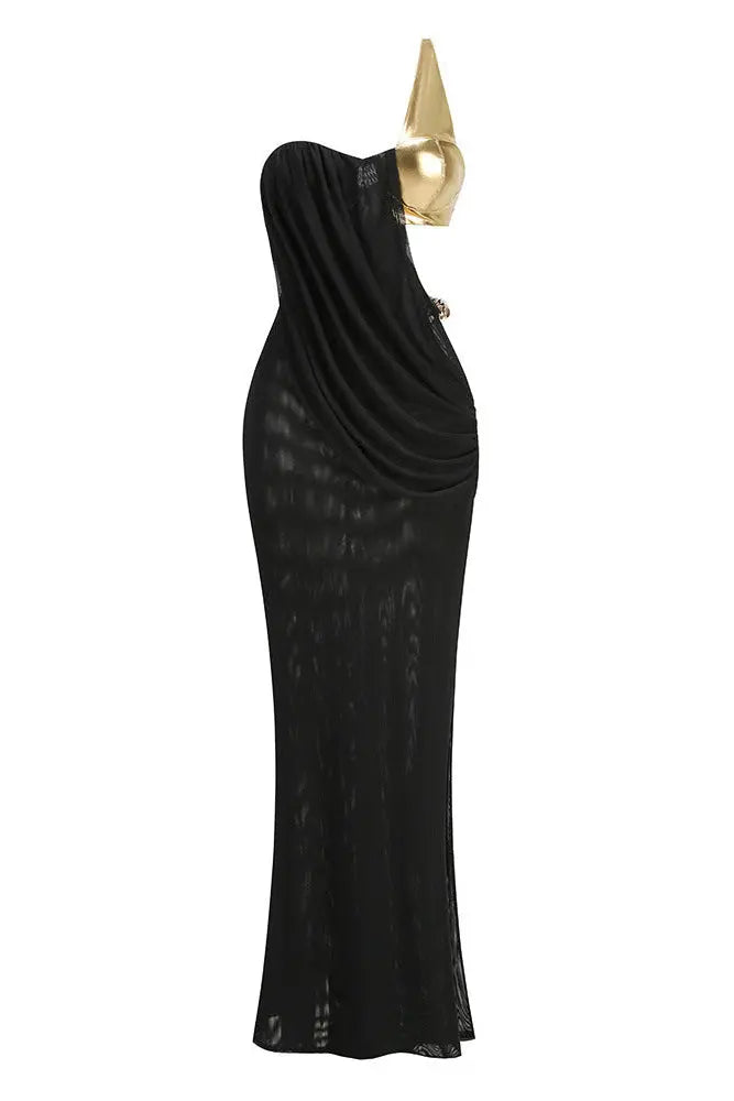 elvira one-shoulder Metal chain decoration maxi dress in black Avalabel