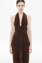 Nancy V-Neck Pleated Braided Bodycon Maxi Dress - Brown Avalabel