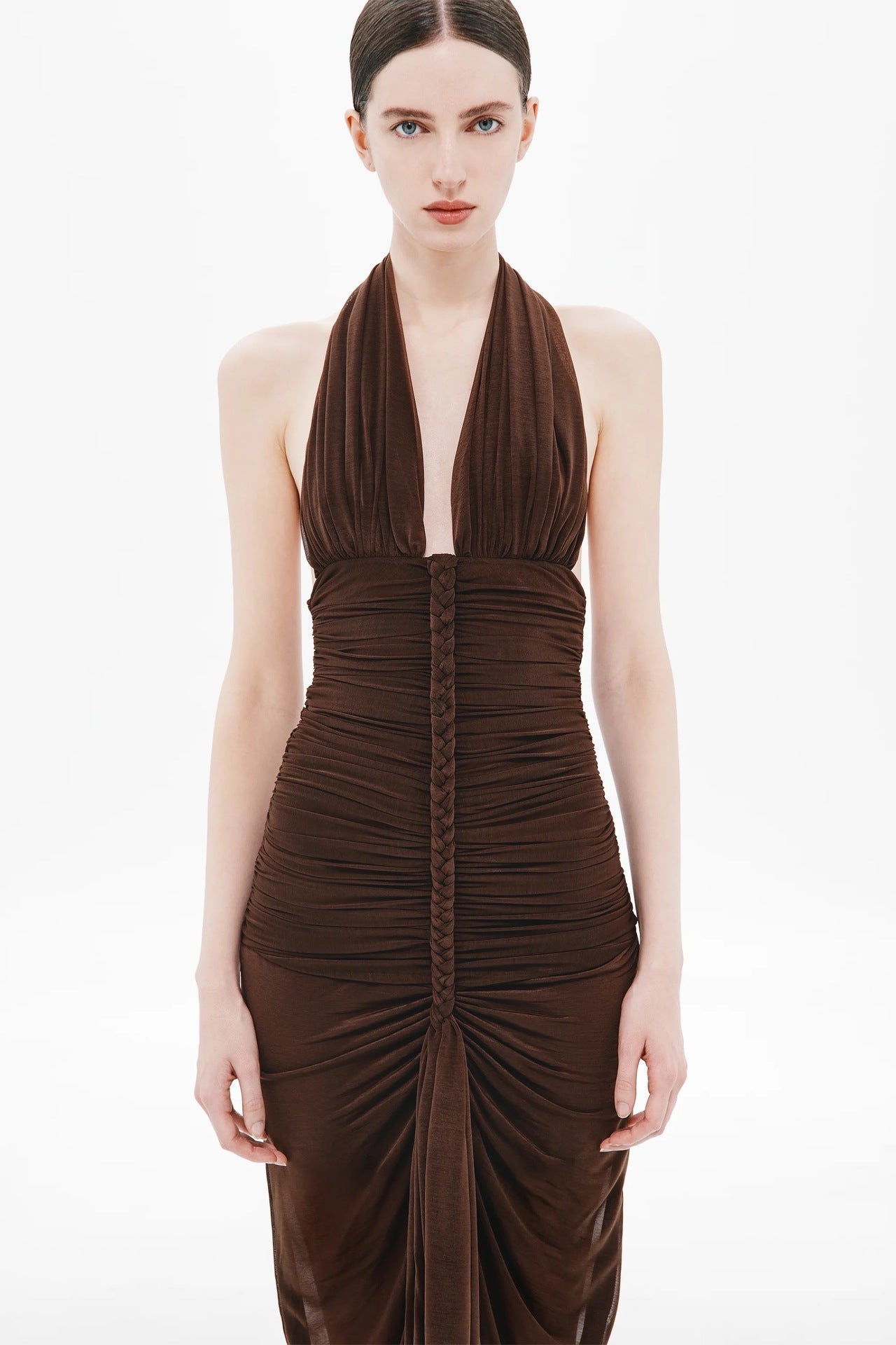 Nancy V-Neck Pleated Braided Bodycon Maxi Dress - Brown Avalabel