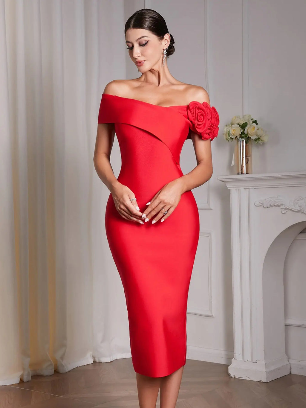 jessica Red 3D Flower Bandage Midi Dress Avalabel