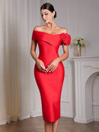 jessica Red 3D Flower Bandage Midi Dress Avalabel