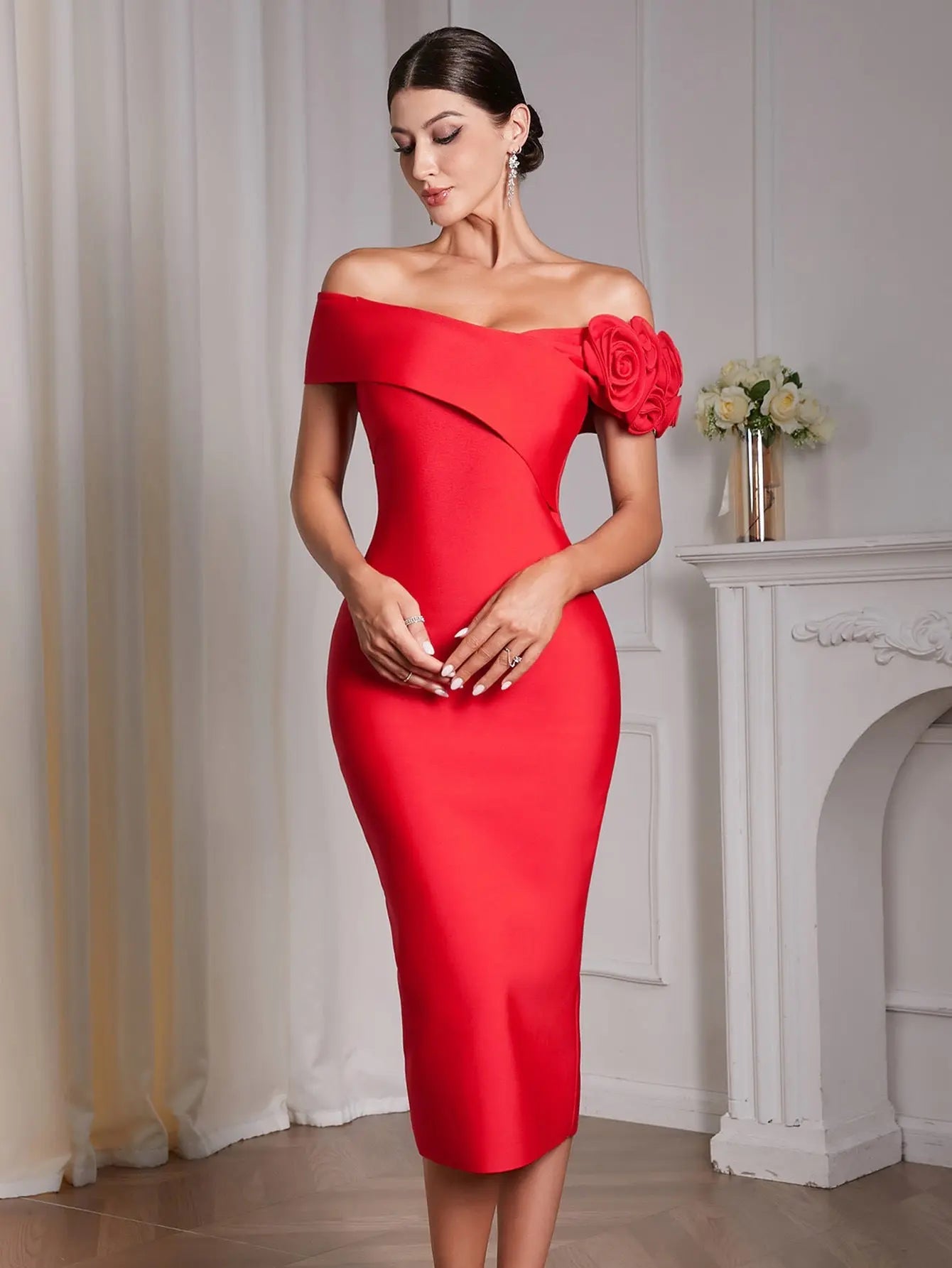 jessica Red 3D Flower Bandage Midi Dress Avalabel