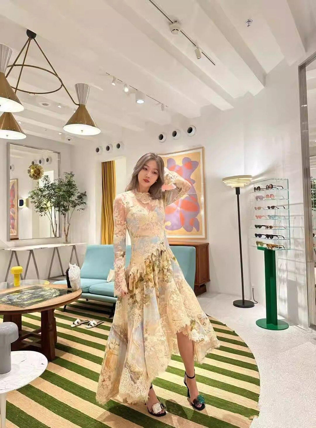 Kristin Long Sleeves Floral Printed Asymmetric Lace Maxi Dress Avalabel
