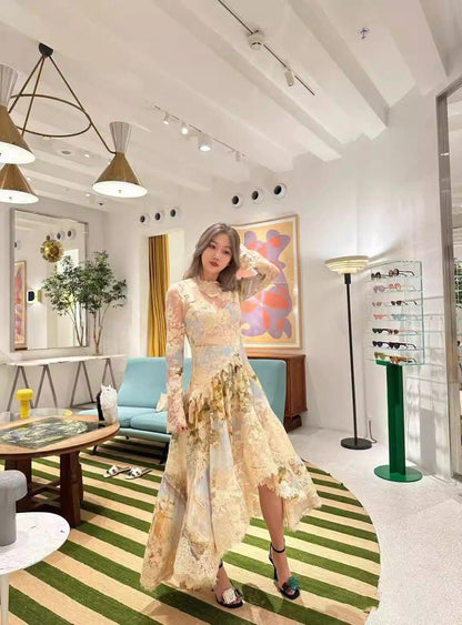 Kristin Long Sleeves Floral Printed Asymmetric Lace Maxi Dress