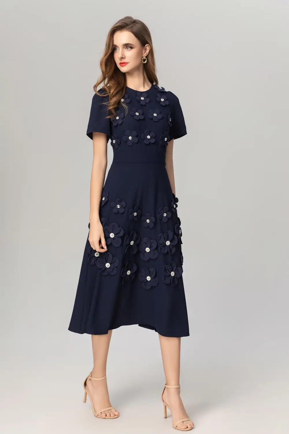 katherine 3d flower appliqué midi dress in navy blue Avalabel