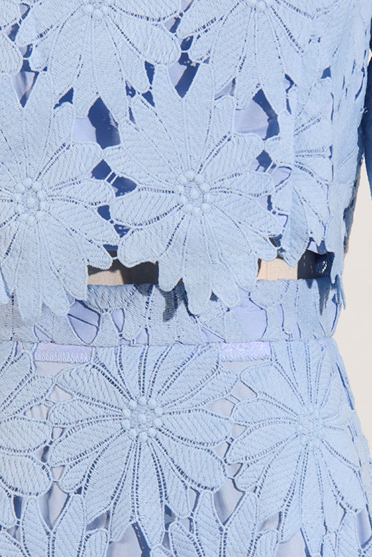 Lace Embroidered Top & Maxi Skirt Two-Piece Set in Blue Avalabel