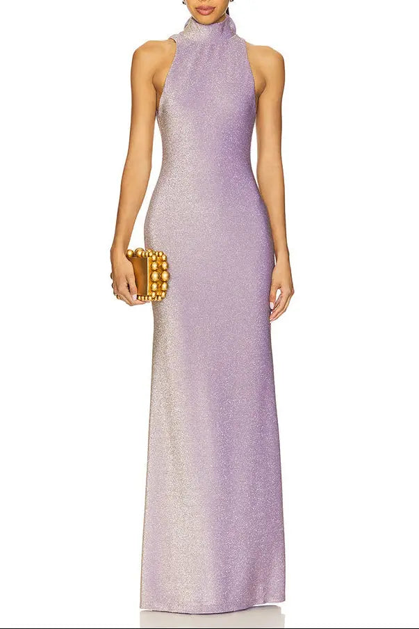 delia Sleeveless back flower embellished halter maxi dress in pale purple Avalabel