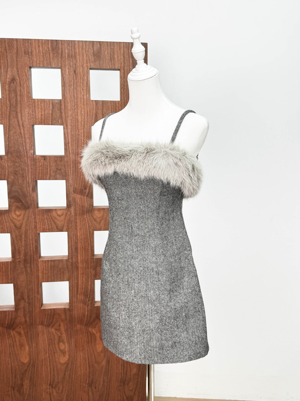 victoria Spaghetti Faux Fur Mini Dress in grey Avalabel