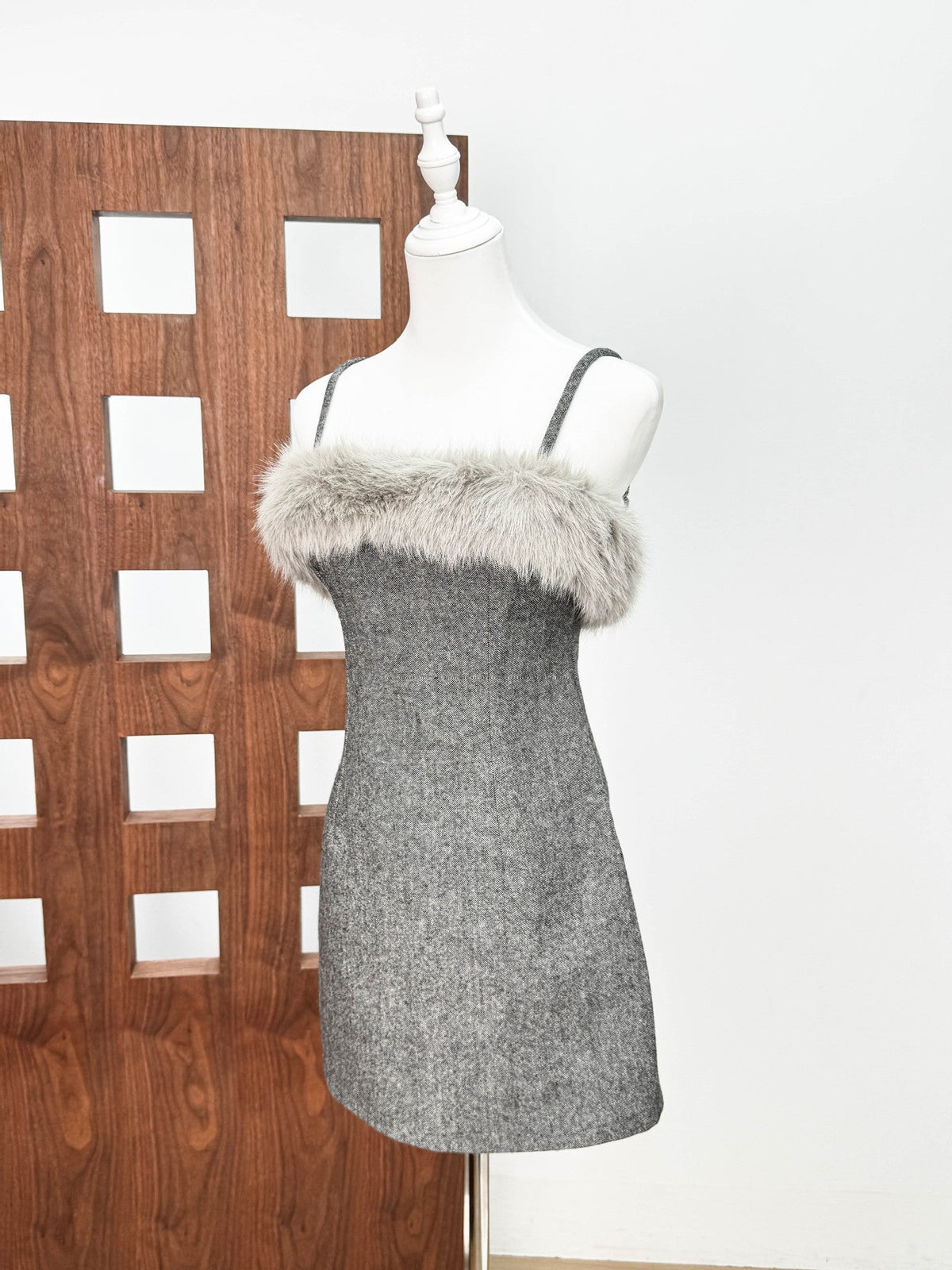 victoria Spaghetti Faux Fur Mini Dress in grey Avalabel