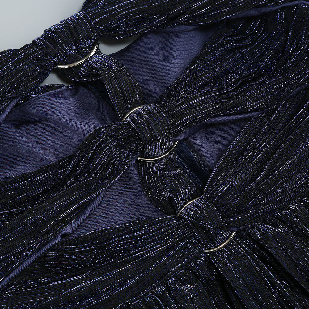 bonnie halter pleated cutout maxi dress in navy blue Avalabel