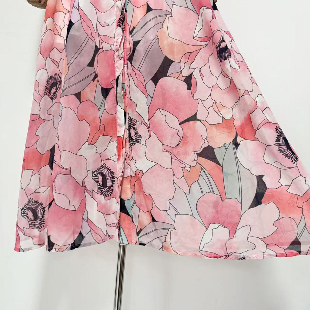 Floral Print Silk Organza Maxi Dress in Pink-Multi Avalabel