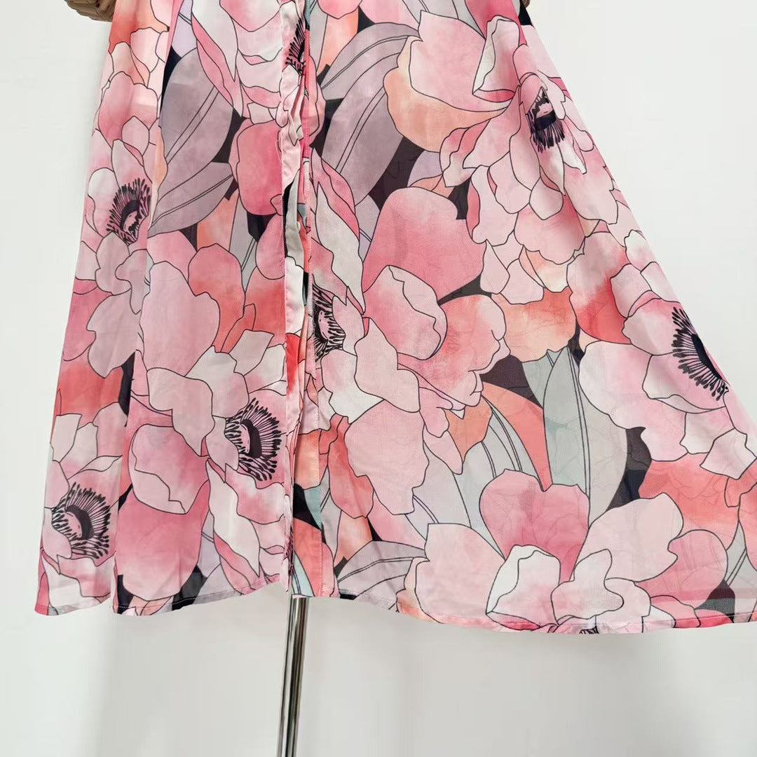 Floral Print Silk Organza Maxi Dress in Pink-Multi Avalabel