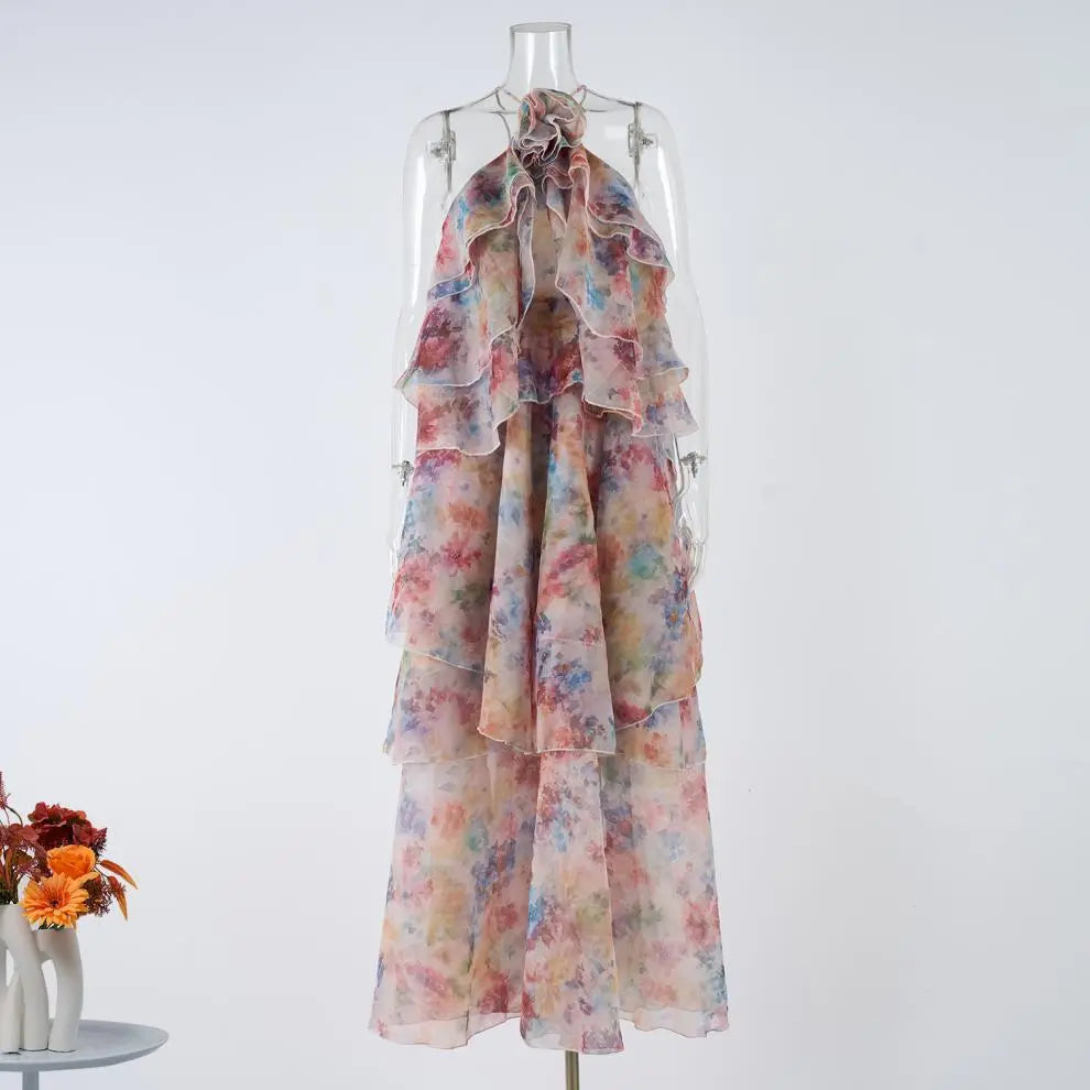 susie multicolor floral print layer halter midi dress Avalabel