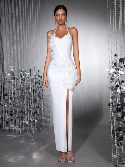 Anila 3D Floral Halter High Slit Maxi Dress in White