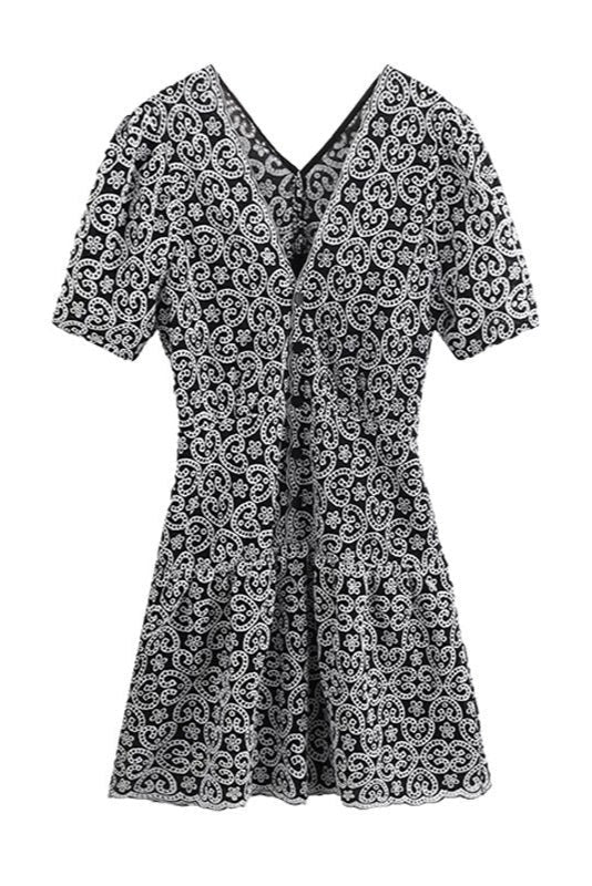 Black V-Neckline Guipure Mini Dress Avalabel