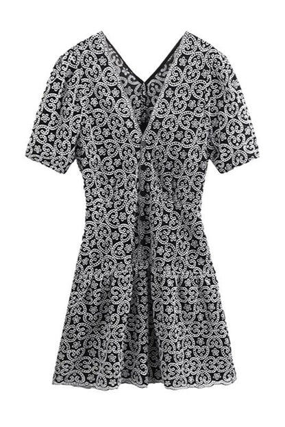 Black V-Neckline Guipure Mini Dress