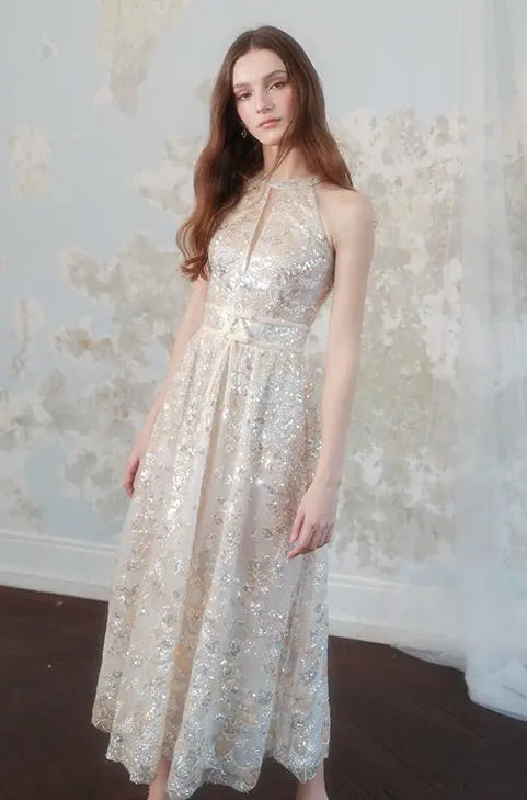Gold Couture with Floral Embroidery Sequin Banquet Dress Avalabel
