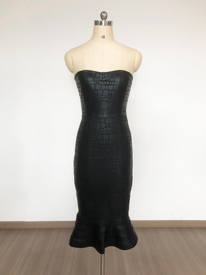 eudora off shoulder bodycon fishtail hem midi dress in black
