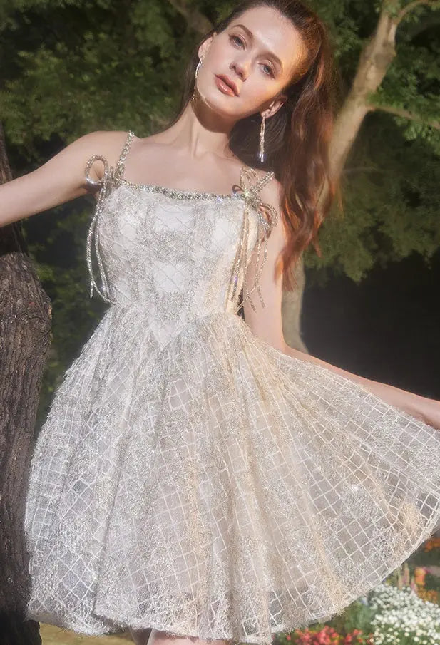 beige Square Collar Sleeveless lace cocktail Dress Avalabel