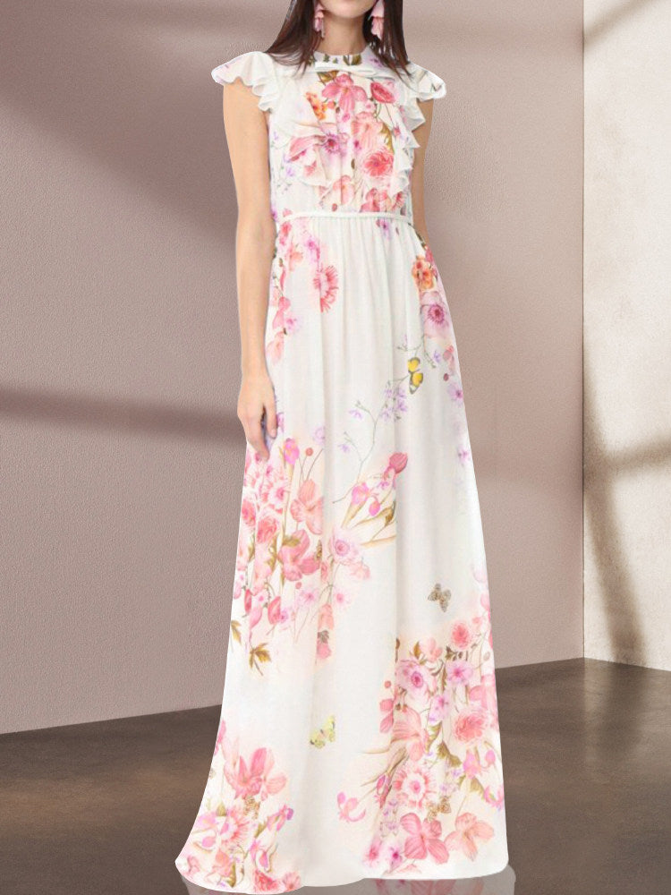 White Floral Flying Sleeves Maxi Dress Avalabel